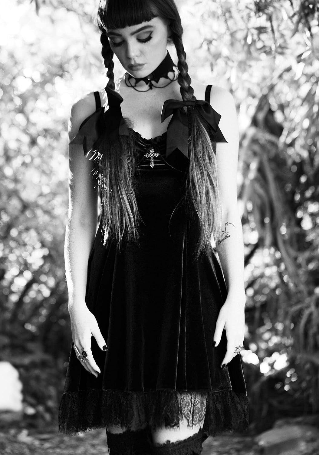 image:imageDolls Kill Blind Faith Velvet Dress by Widow Velvet Mini Dress with Lace Trim and Cross Design for Dark Romantic FashionGreen