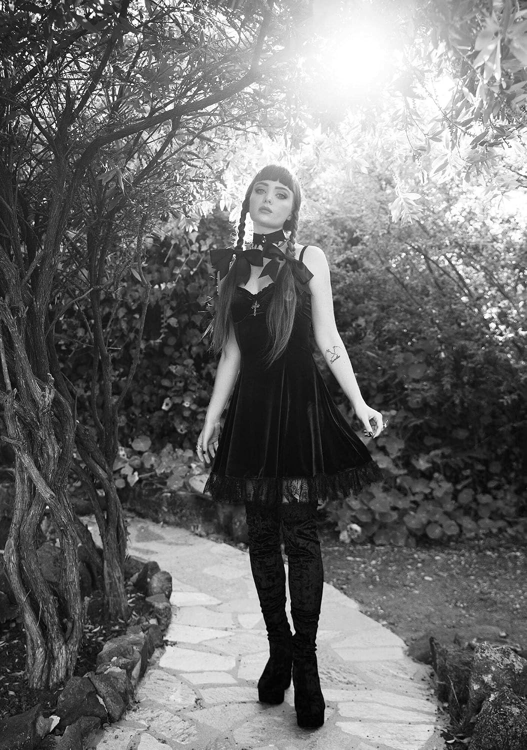 image:imageDolls Kill Blind Faith Velvet Dress by Widow Velvet Mini Dress with Lace Trim and Cross Design for Dark Romantic FashionGreen