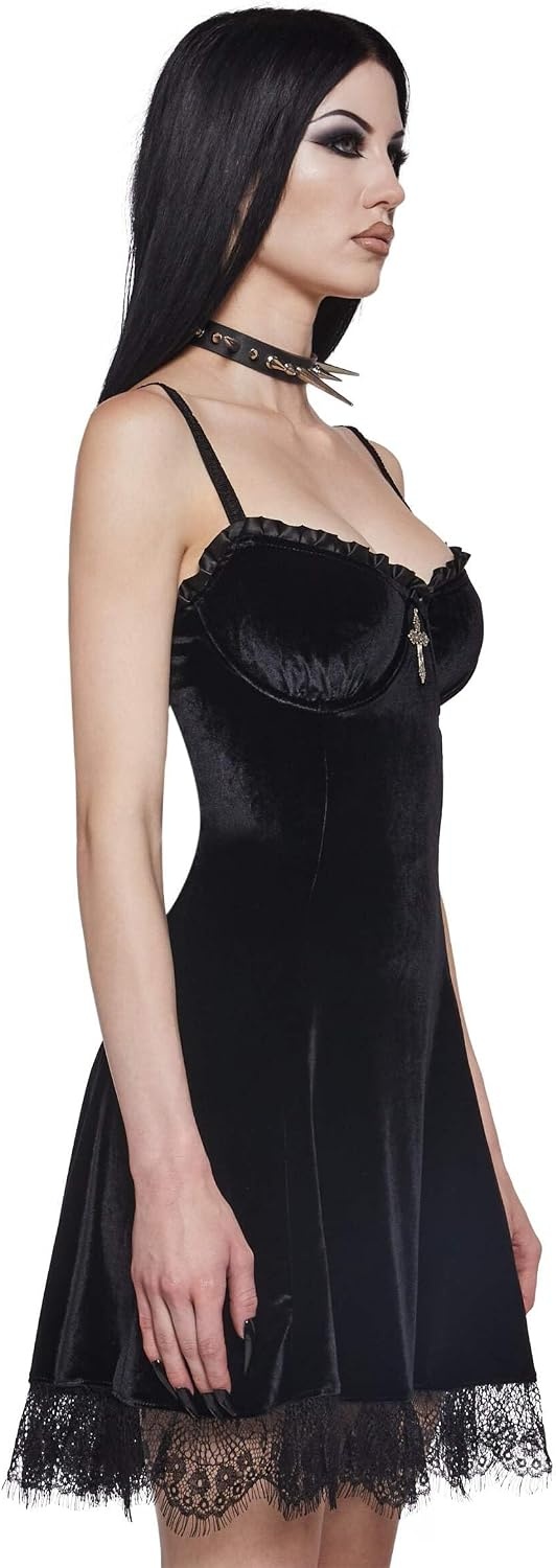 image:imageDolls Kill Blind Faith Velvet Dress by Widow Velvet Mini Dress with Lace Trim and Cross Design for Dark Romantic FashionMidnight