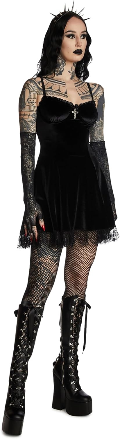 image:imageDolls Kill Blind Faith Velvet Dress by Widow Velvet Mini Dress with Lace Trim and Cross Design for Dark Romantic FashionMidnight