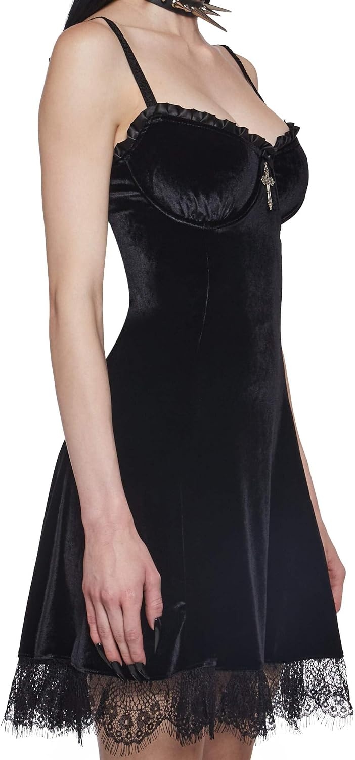image:imageDolls Kill Blind Faith Velvet Dress by Widow Velvet Mini Dress with Lace Trim and Cross Design for Dark Romantic FashionMidnight