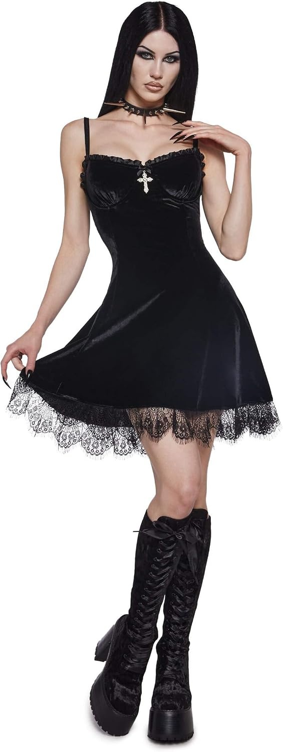image:imageDolls Kill Blind Faith Velvet Dress by Widow Velvet Mini Dress with Lace Trim and Cross Design for Dark Romantic FashionMidnight