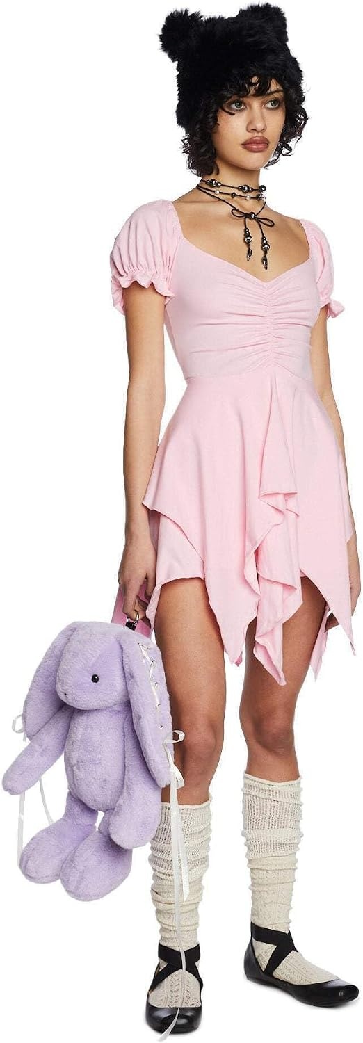 image:imageDolls Kill Chasin Rainbows Mini Dress by Current Mood Stretch Jersey Dress Asymmetrical Handkerchief Hem for Boho FashionPink