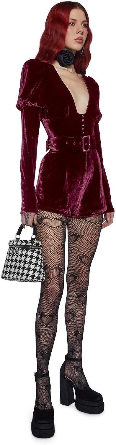 image:imageDolls Kill Chic Manners Velvet Romper by Sugar Thrillz With Puffy Sleeves and Plunging Neckline for Vintage Glam FashionPink