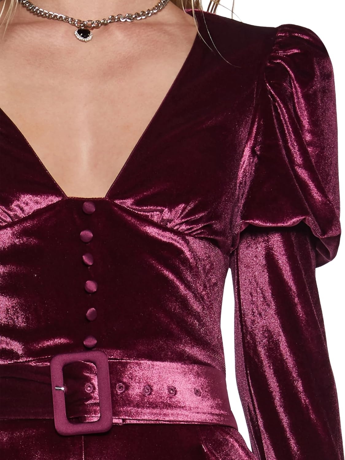 image:imageDolls Kill Chic Manners Velvet Romper by Sugar Thrillz With Puffy Sleeves and Plunging Neckline for Vintage Glam FashionPink
