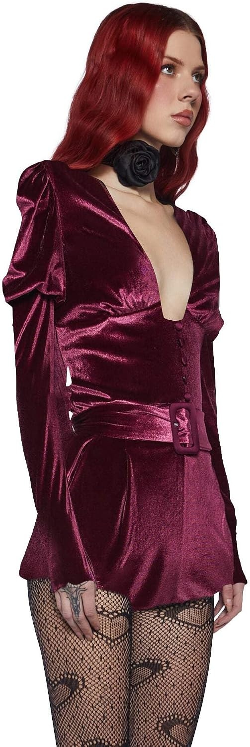 image:imageDolls Kill Chic Manners Velvet Romper by Sugar Thrillz With Puffy Sleeves and Plunging Neckline for Vintage Glam FashionPink