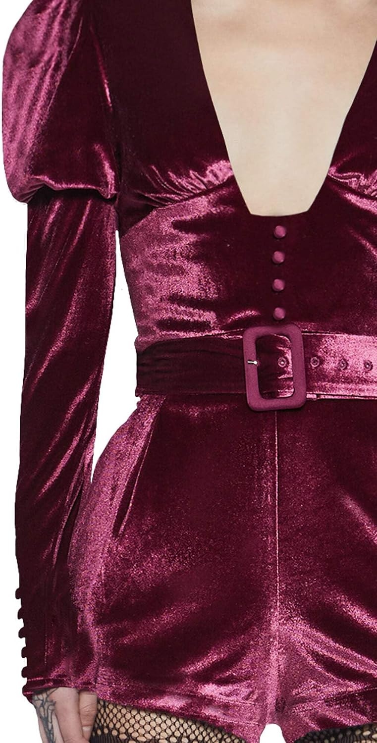 image:imageDolls Kill Chic Manners Velvet Romper by Sugar Thrillz With Puffy Sleeves and Plunging Neckline for Vintage Glam FashionPink