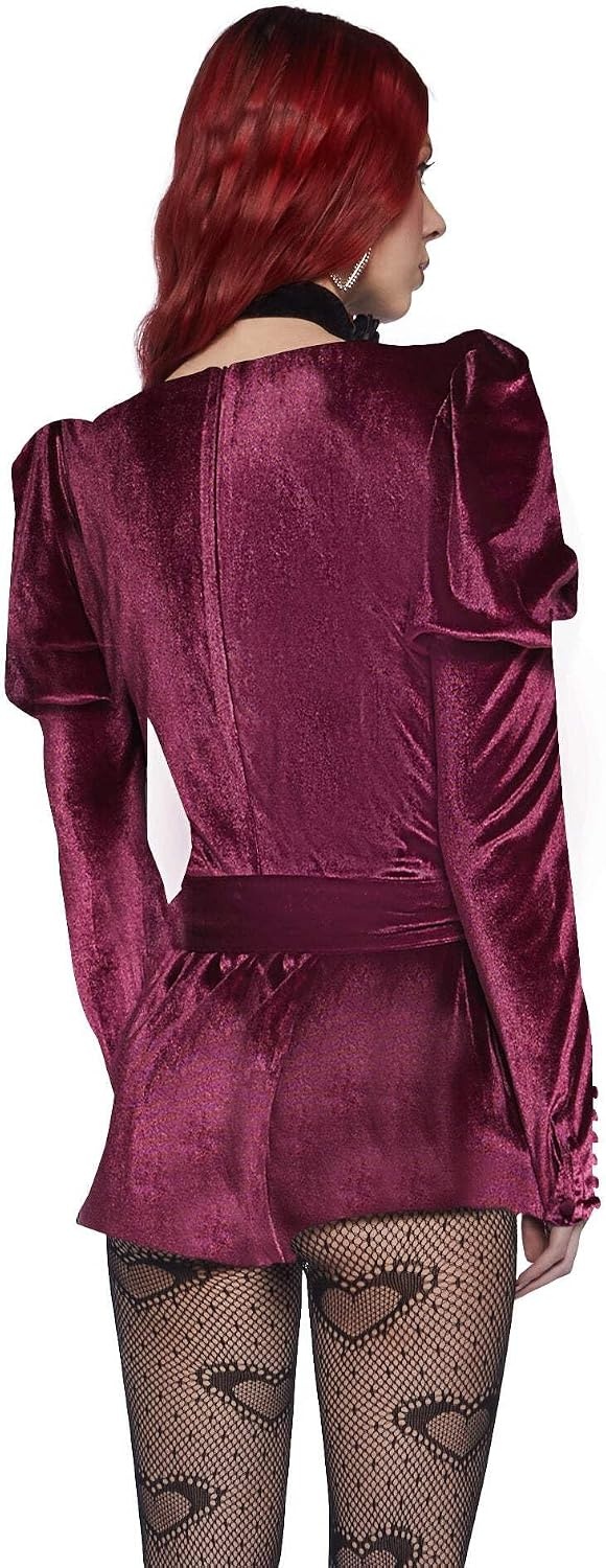 image:imageDolls Kill Chic Manners Velvet Romper by Sugar Thrillz With Puffy Sleeves and Plunging Neckline for Vintage Glam FashionPink