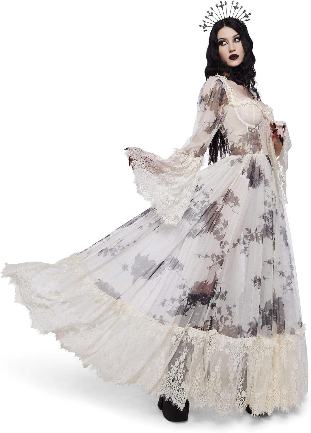 image:imageDolls Kill Dance with Death Maxi Dress by Widow Sheer Mesh Dress Perfect for Whimsy Goth FashionIvory Floral