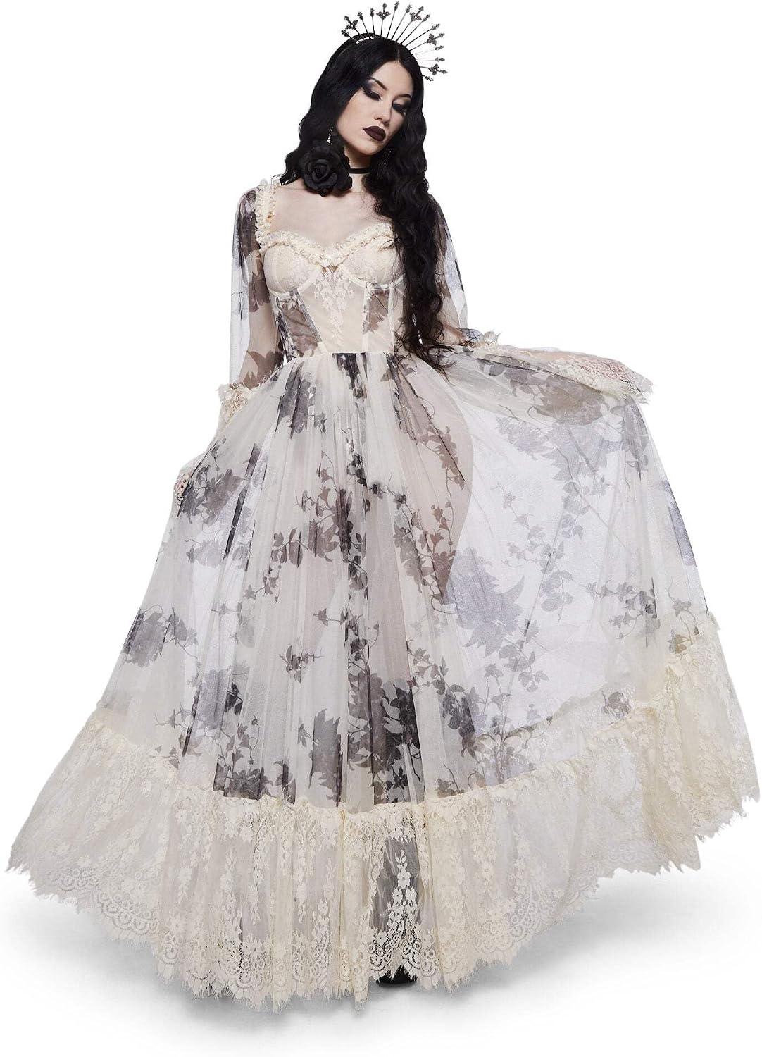 image:imageDolls Kill Dance with Death Maxi Dress by Widow Sheer Mesh Dress Perfect for Whimsy Goth FashionIvory Floral