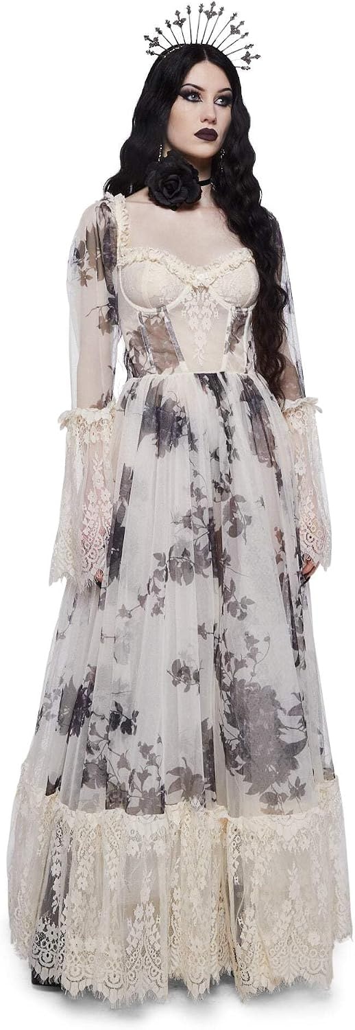 image:imageDolls Kill Dance with Death Maxi Dress by Widow Sheer Mesh Dress Perfect for Whimsy Goth FashionIvory Floral