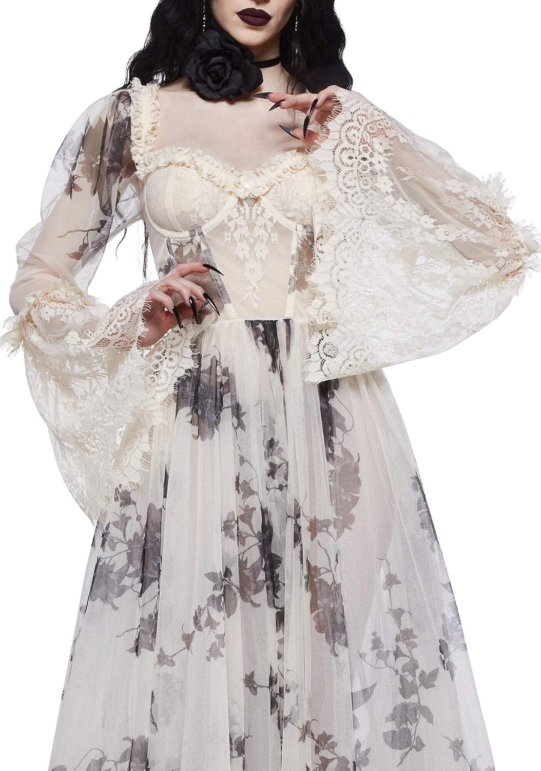image:imageDolls Kill Dance with Death Maxi Dress by Widow Sheer Mesh Dress Perfect for Whimsy Goth FashionIvory Floral