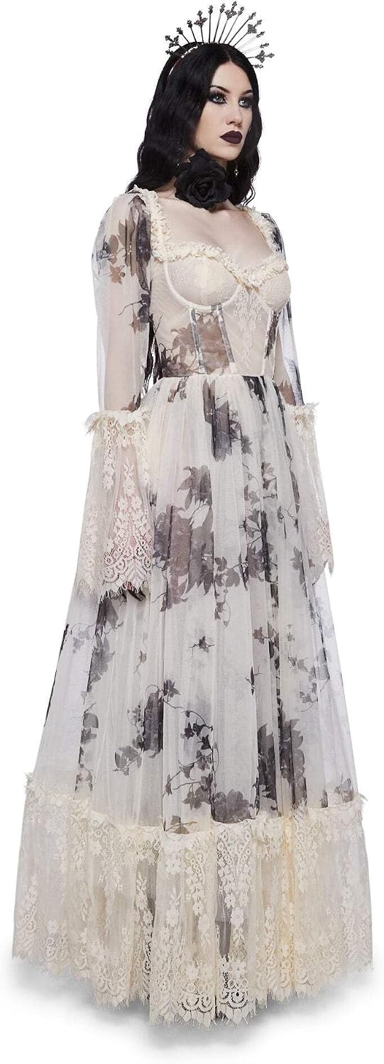 image:imageDolls Kill Dance with Death Maxi Dress by Widow Sheer Mesh Dress Perfect for Whimsy Goth FashionIvory Floral