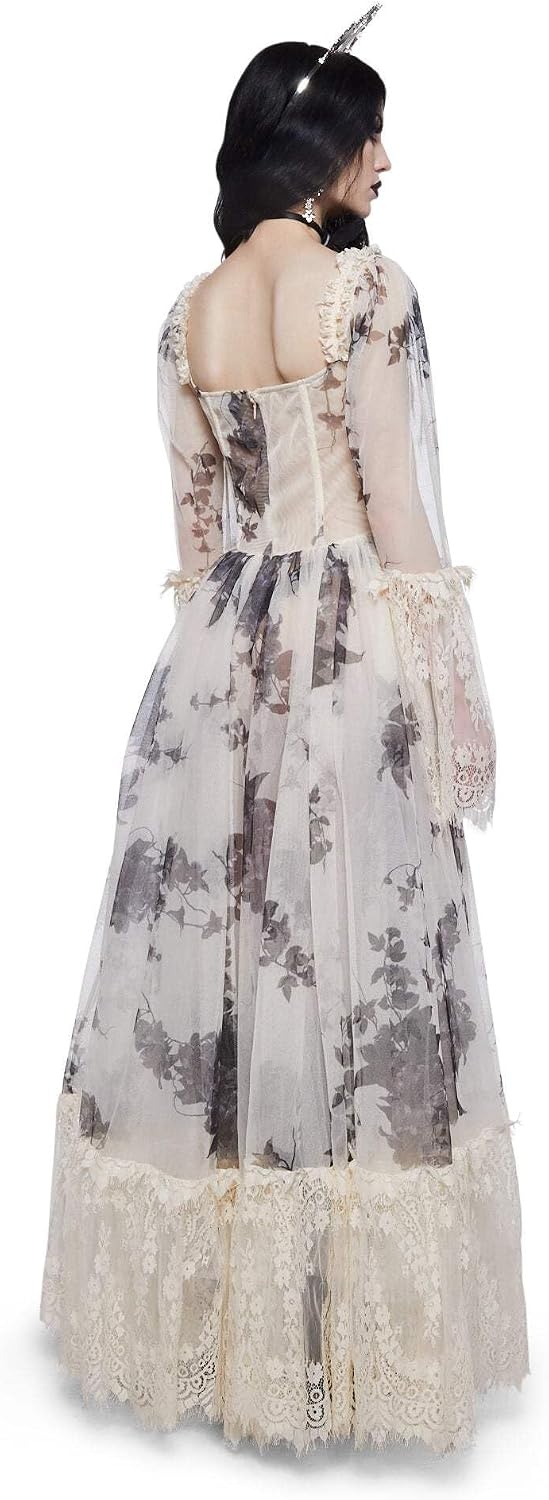 image:imageDolls Kill Dance with Death Maxi Dress by Widow Sheer Mesh Dress Perfect for Whimsy Goth FashionIvory Floral