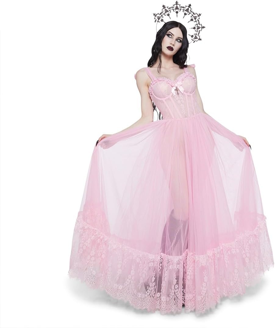 image:imageDolls Kill Dance with Death Maxi Dress by Widow Sheer Mesh Dress Perfect for Whimsy Goth FashionPink