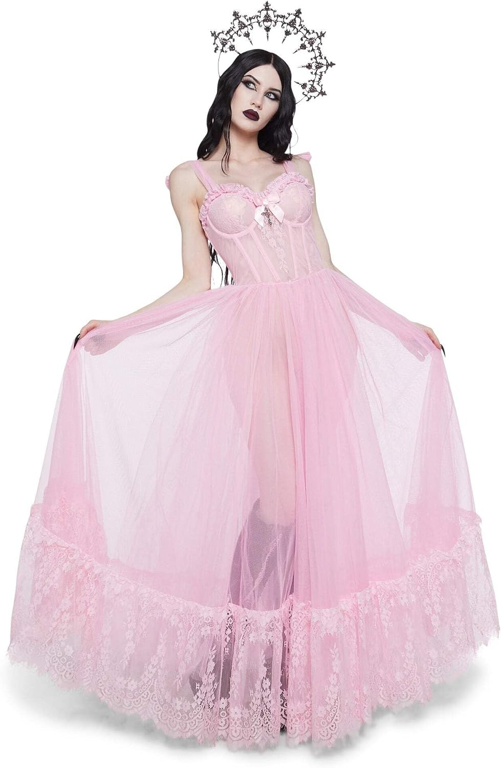 image:imageDolls Kill Dance with Death Maxi Dress by Widow Sheer Mesh Dress Perfect for Whimsy Goth FashionPink