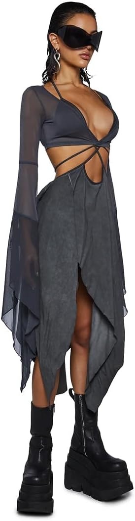 image:imageDolls Kill Echo Asymmetrical Mesh Wrap Dress by Darker WAVS SemiSheer Wrap Dress with Chiffon Panels Bell Sleeves and Tie FrontDark Gray