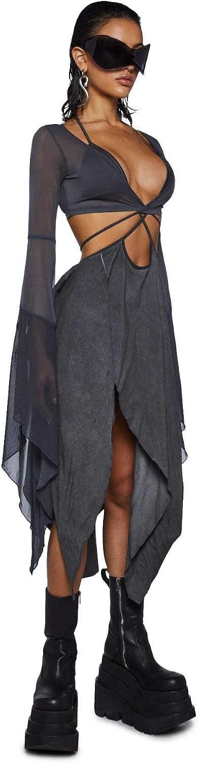 image:imageDolls Kill Echo Asymmetrical Mesh Wrap Dress by Darker WAVS SemiSheer Wrap Dress with Chiffon Panels Bell Sleeves and Tie FrontDark Gray