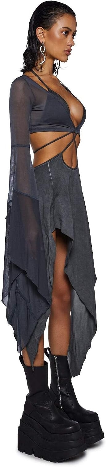 image:imageDolls Kill Echo Asymmetrical Mesh Wrap Dress by Darker WAVS SemiSheer Wrap Dress with Chiffon Panels Bell Sleeves and Tie FrontDark Gray