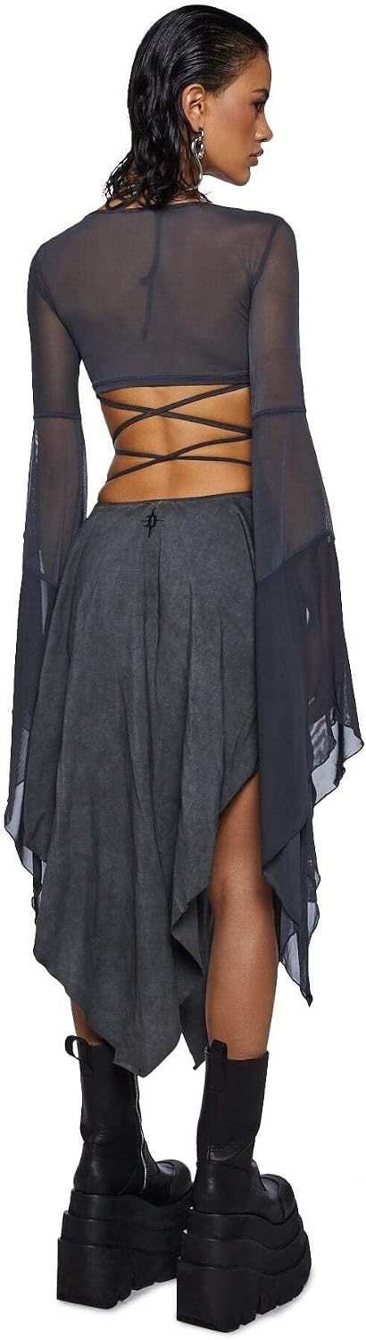 image:imageDolls Kill Echo Asymmetrical Mesh Wrap Dress by Darker WAVS SemiSheer Wrap Dress with Chiffon Panels Bell Sleeves and Tie FrontDark Gray