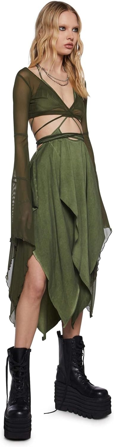 image:imageDolls Kill Echo Asymmetrical Mesh Wrap Dress by Darker WAVS SemiSheer Wrap Dress with Chiffon Panels Bell Sleeves and Tie FrontGreen
