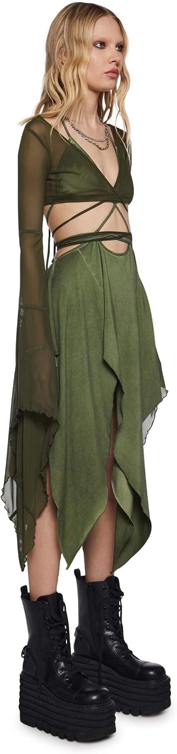 image:imageDolls Kill Echo Asymmetrical Mesh Wrap Dress by Darker WAVS SemiSheer Wrap Dress with Chiffon Panels Bell Sleeves and Tie FrontGreen