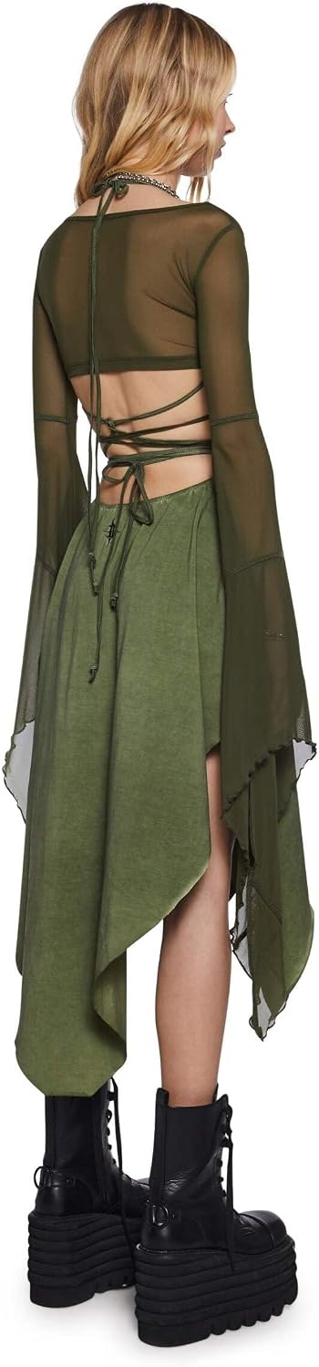 image:imageDolls Kill Echo Asymmetrical Mesh Wrap Dress by Darker WAVS SemiSheer Wrap Dress with Chiffon Panels Bell Sleeves and Tie FrontGreen