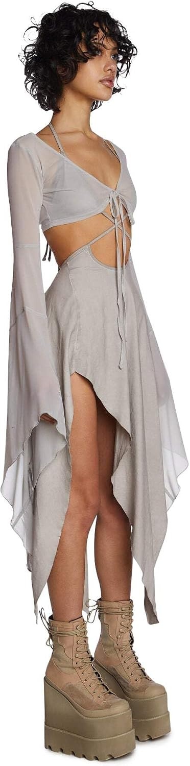 image:imageDolls Kill Echo Asymmetrical Mesh Wrap Dress by Darker WAVS SemiSheer Wrap Dress with Chiffon Panels Bell Sleeves and Tie FrontOffwhite