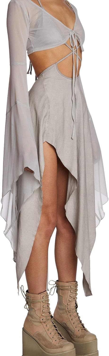 image:imageDolls Kill Echo Asymmetrical Mesh Wrap Dress by Darker WAVS SemiSheer Wrap Dress with Chiffon Panels Bell Sleeves and Tie FrontOffwhite