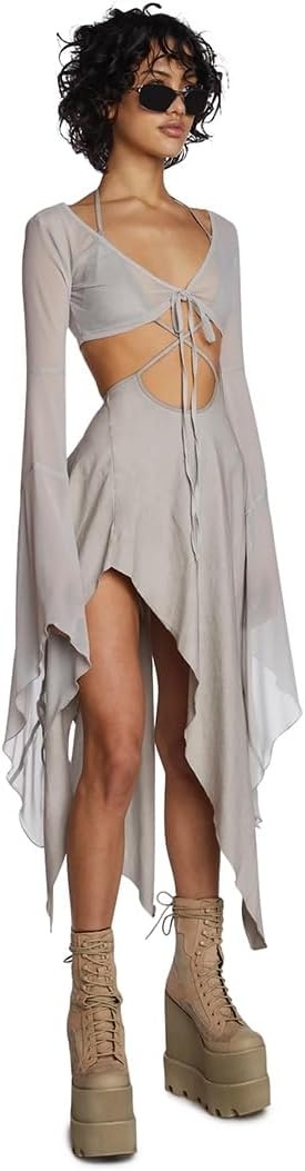 image:imageDolls Kill Echo Asymmetrical Mesh Wrap Dress by Darker WAVS SemiSheer Wrap Dress with Chiffon Panels Bell Sleeves and Tie FrontOffwhite
