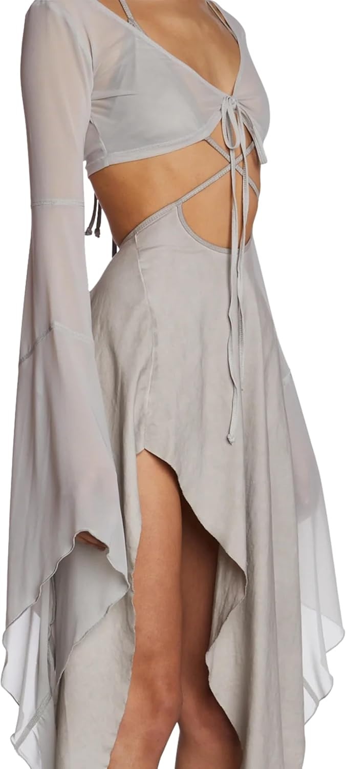 image:imageDolls Kill Echo Asymmetrical Mesh Wrap Dress by Darker WAVS SemiSheer Wrap Dress with Chiffon Panels Bell Sleeves and Tie FrontOffwhite