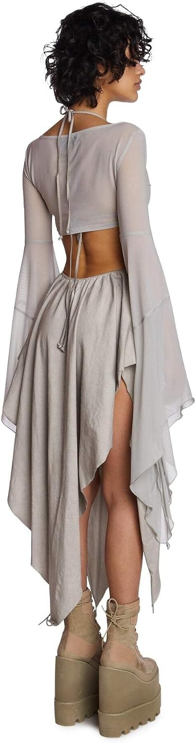 image:imageDolls Kill Echo Asymmetrical Mesh Wrap Dress by Darker WAVS SemiSheer Wrap Dress with Chiffon Panels Bell Sleeves and Tie FrontOffwhite