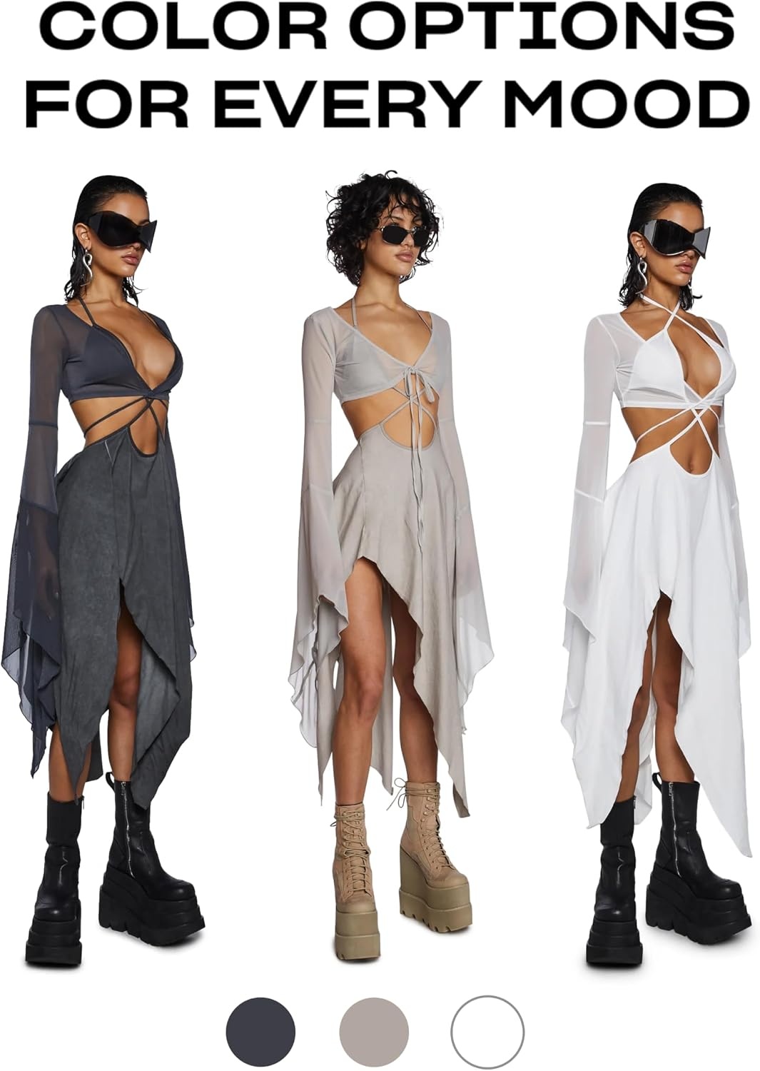 image:imageDolls Kill Echo Asymmetrical Mesh Wrap Dress by Darker WAVS SemiSheer Wrap Dress with Chiffon Panels Bell Sleeves and Tie FrontWhite
