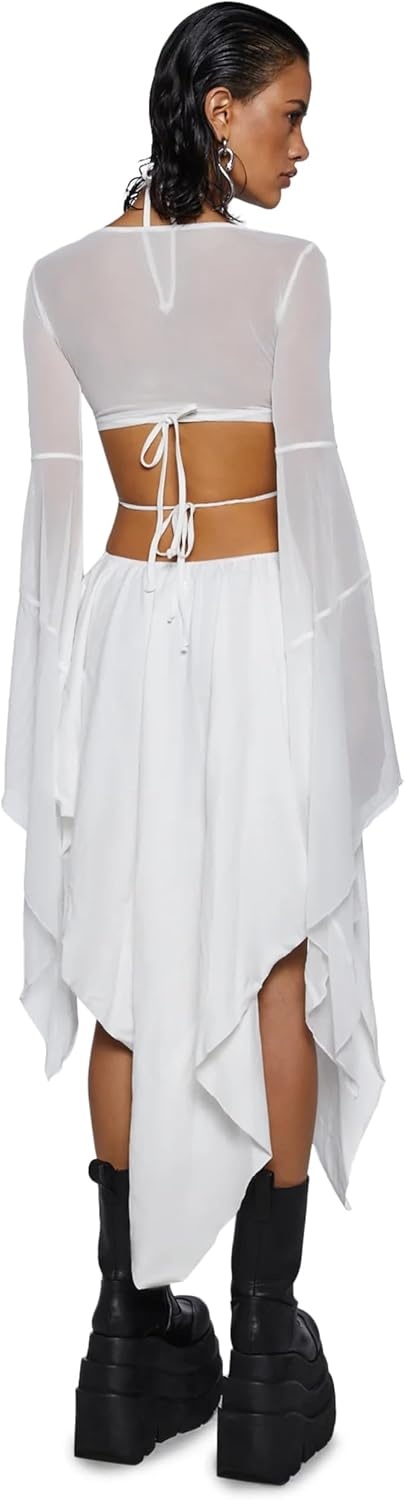image:imageDolls Kill Echo Asymmetrical Mesh Wrap Dress by Darker WAVS SemiSheer Wrap Dress with Chiffon Panels Bell Sleeves and Tie FrontWhite