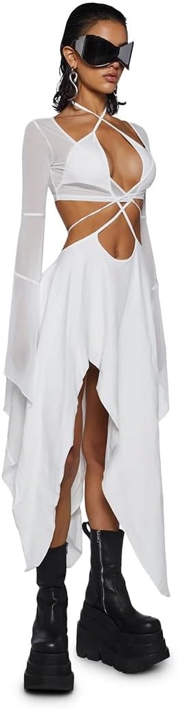 image:imageDolls Kill Echo Asymmetrical Mesh Wrap Dress by Darker WAVS SemiSheer Wrap Dress with Chiffon Panels Bell Sleeves and Tie FrontWhite