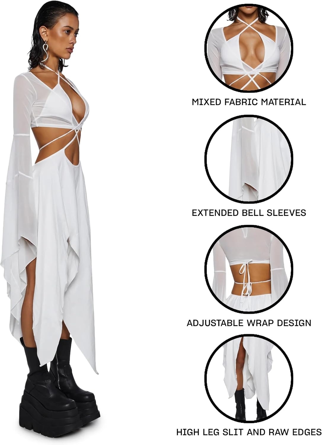 image:imageDolls Kill Echo Asymmetrical Mesh Wrap Dress by Darker WAVS SemiSheer Wrap Dress with Chiffon Panels Bell Sleeves and Tie FrontWhite