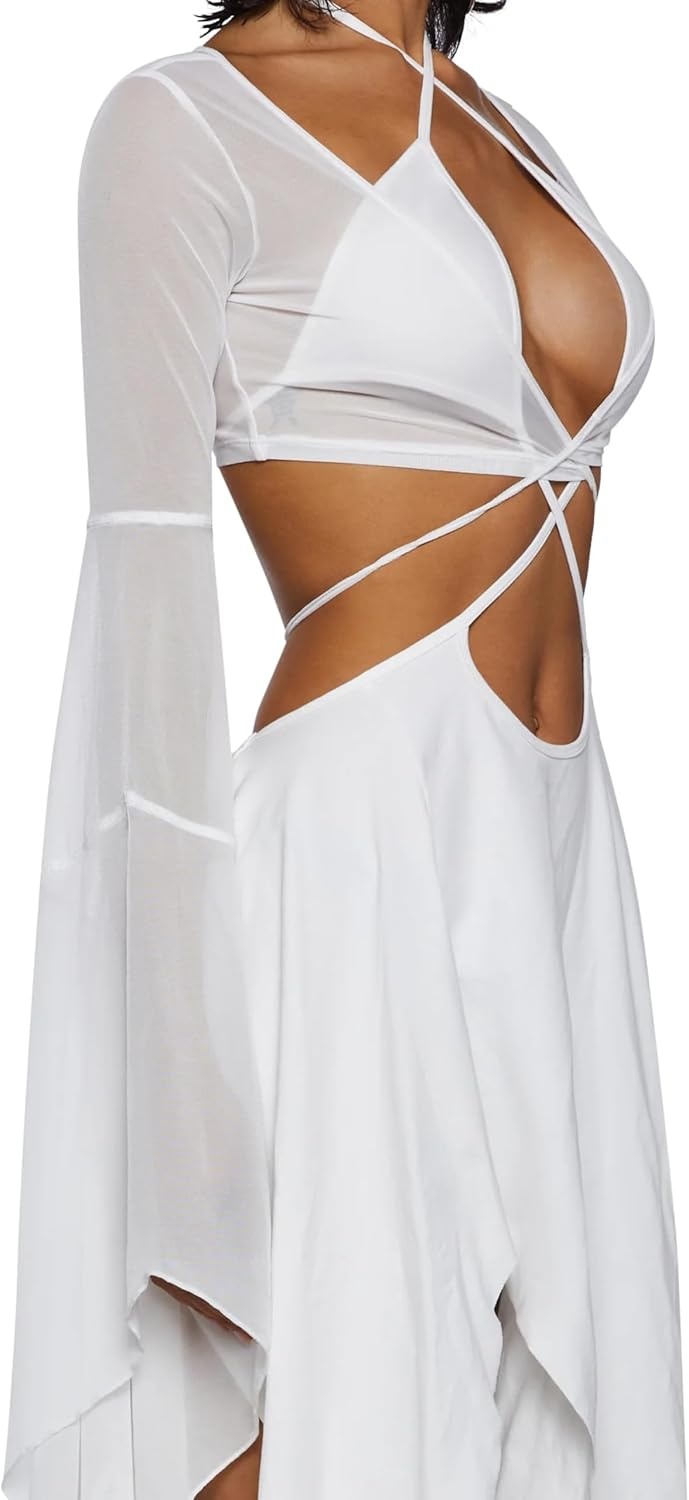 image:imageDolls Kill Echo Asymmetrical Mesh Wrap Dress by Darker WAVS SemiSheer Wrap Dress with Chiffon Panels Bell Sleeves and Tie FrontWhite