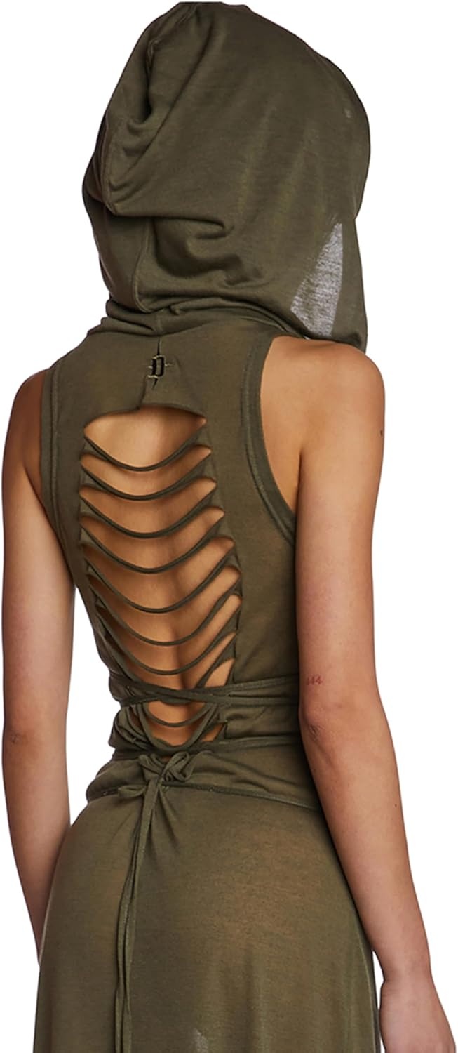 image:imageDolls Kill Echo Hooded Slit Maxi Dress by Darker WAVS SemiSheer Marled Jersey Dress with Draped Hood for Edgy Fashion Green SmallLarge