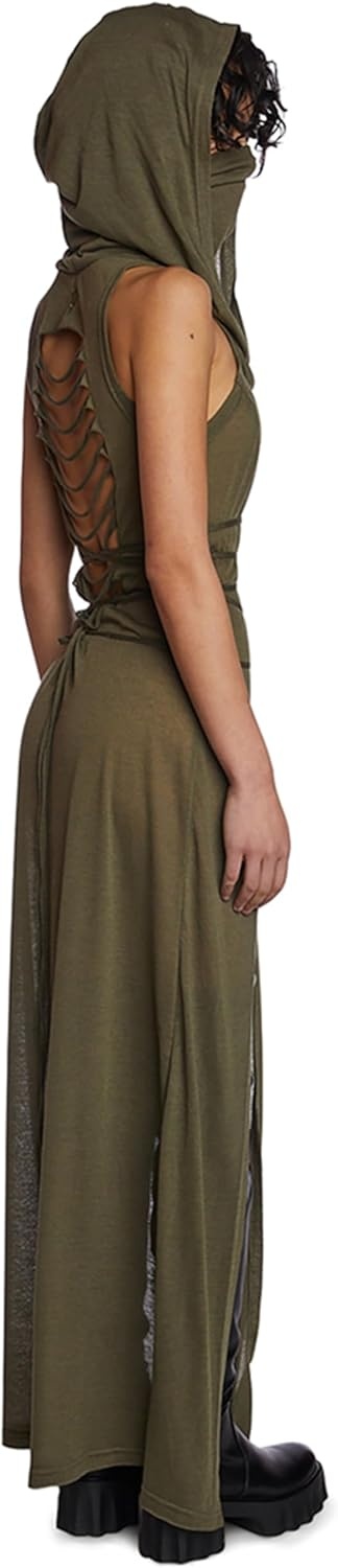image:imageDolls Kill Echo Hooded Slit Maxi Dress by Darker WAVS SemiSheer Marled Jersey Dress with Draped Hood for Edgy Fashion Green SmallXLarge