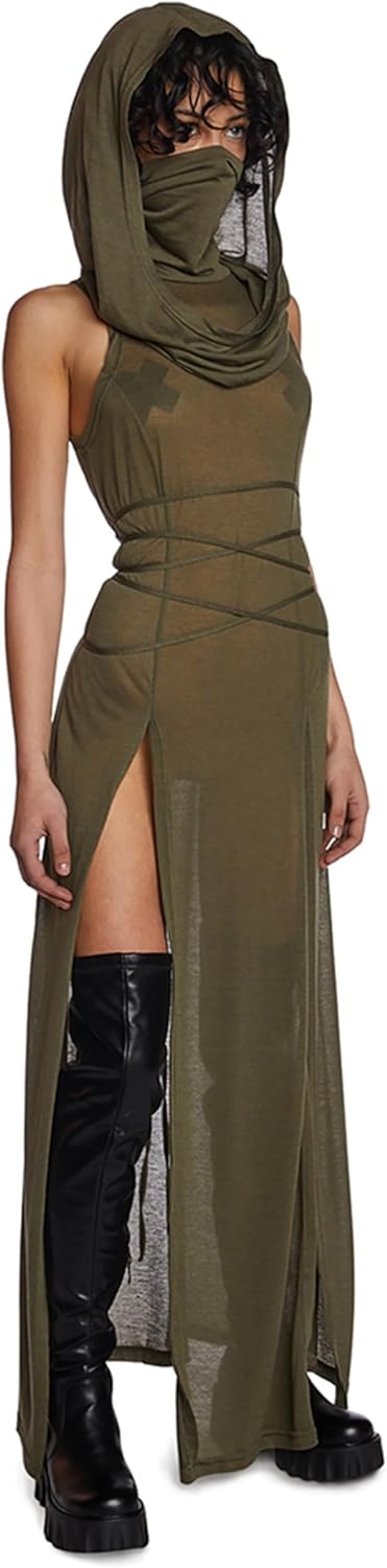 image:imageDolls Kill Echo Hooded Slit Maxi Dress by Darker WAVS SemiSheer Marled Jersey Dress with Draped Hood for Edgy Fashion Green SmallXXLarge