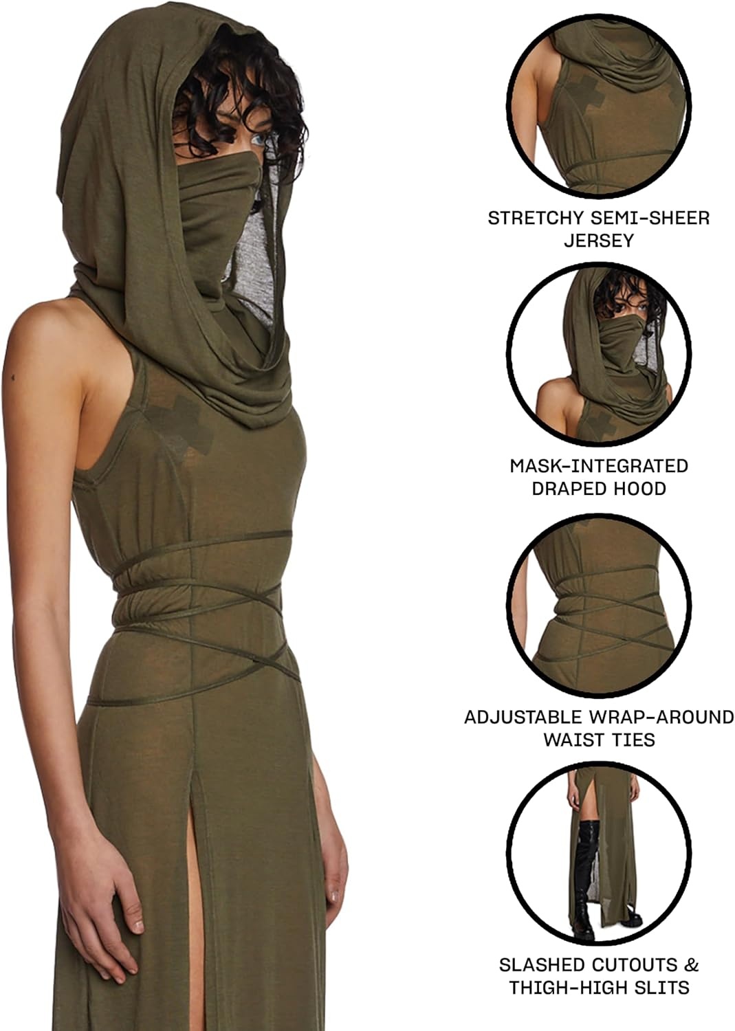 image:imageDolls Kill Echo Hooded Slit Maxi Dress by Darker WAVS SemiSheer Marled Jersey Dress with Draped Hood for Edgy Fashion Green SmallXXLarge