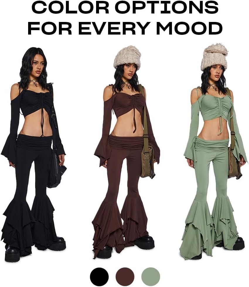 image:imageDolls Kill F is for Fairies Flare Pants by Current Mood Foldover Waist with Wide Leg and Handkerchief DesignBrown