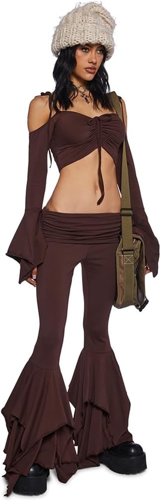 image:imageDolls Kill F is for Fairies Flare Pants by Current Mood Foldover Waist with Wide Leg and Handkerchief DesignBrown