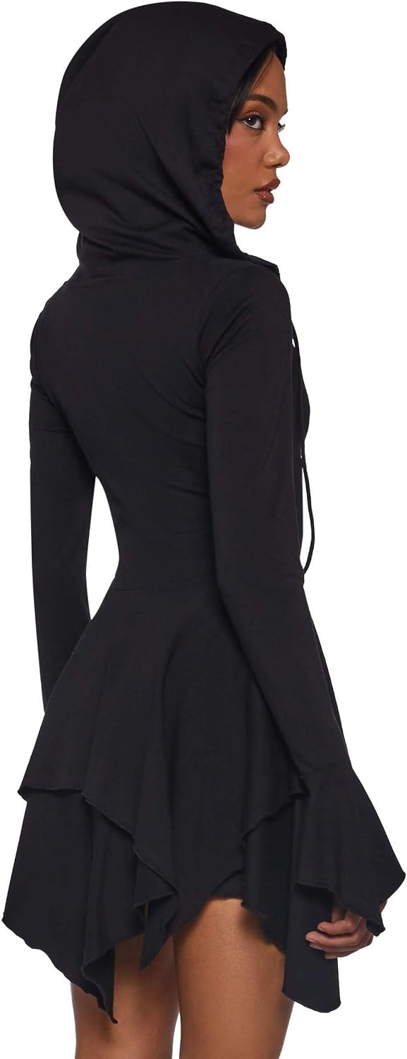 image:imageDolls Kill F is for Fairies Hooded Mini Dress by Current Mood Fabric Dress with Hoodie for Fairycore FashionBlack