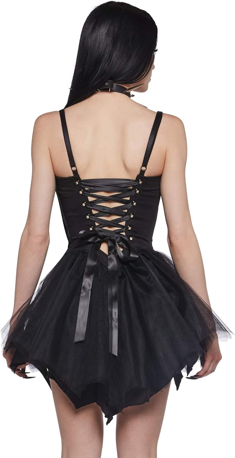 image:imageDolls Kill Fleeting Optimism Mini Dress by Widow Twill Corset Mini Dress with Mesh Skirt and Back Lacing for Gothic FashionBlack