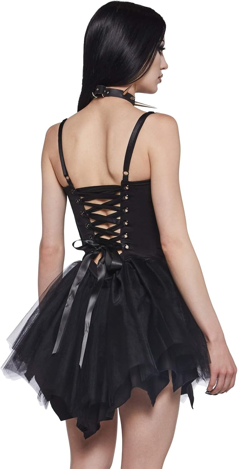 image:imageDolls Kill Fleeting Optimism Mini Dress by Widow Twill Corset Mini Dress with Mesh Skirt and Back Lacing for Gothic FashionBlack