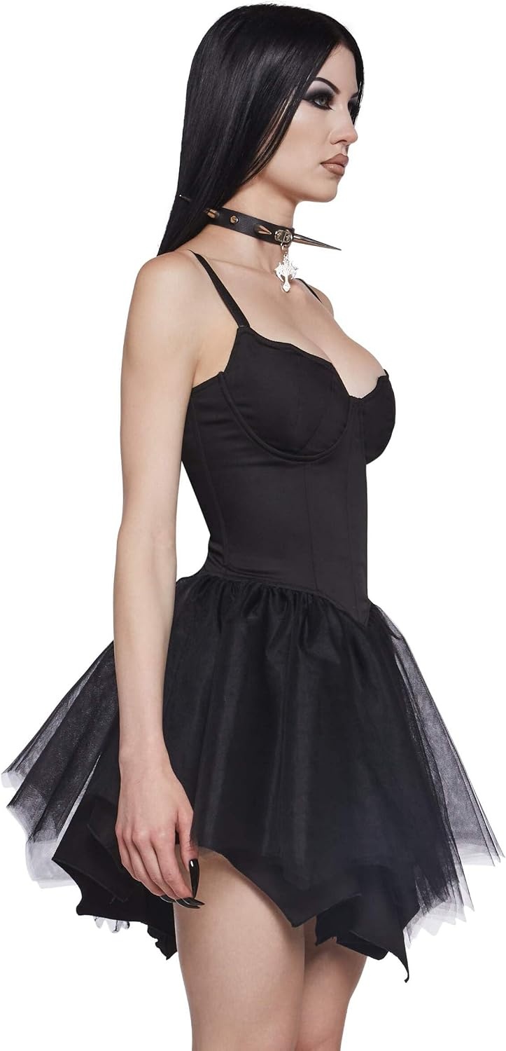 image:imageDolls Kill Fleeting Optimism Mini Dress by Widow Twill Corset Mini Dress with Mesh Skirt and Back Lacing for Gothic FashionBlack