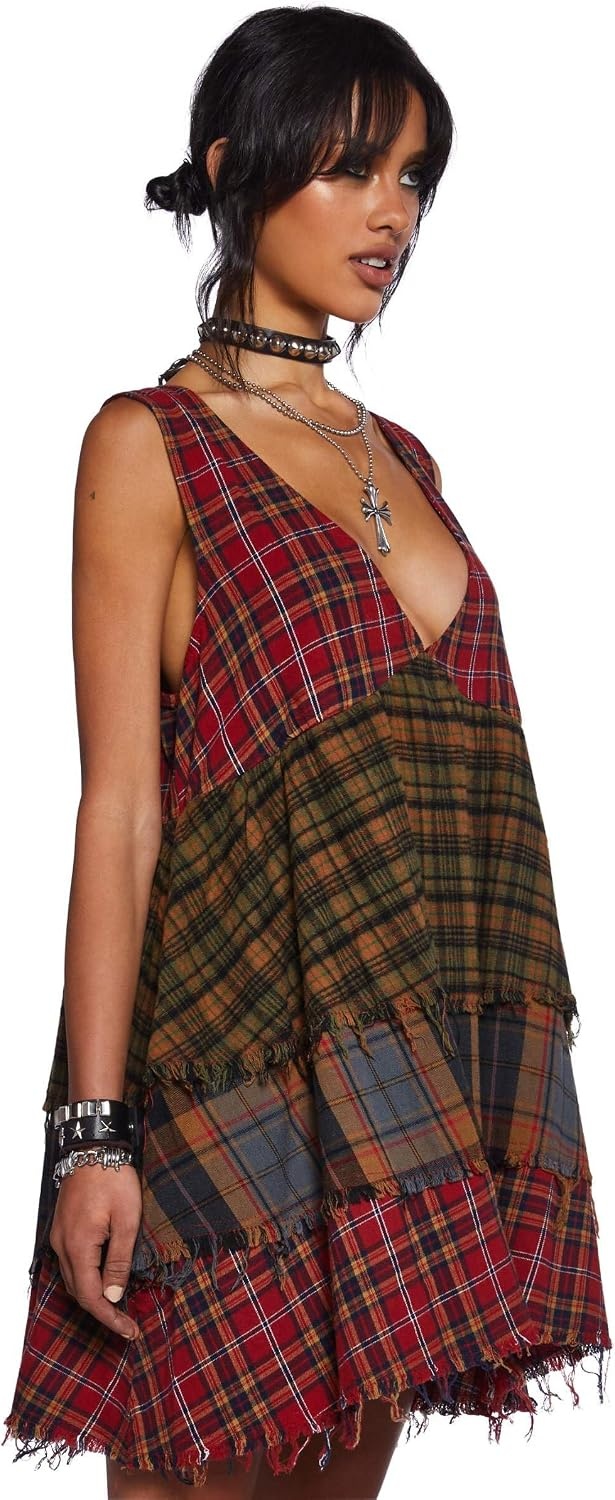 image:imageDolls Kill Get Over It Babydoll Dress by Current Mood Mixed Flannel Babydoll Dress for Grunge FashionMulticolor