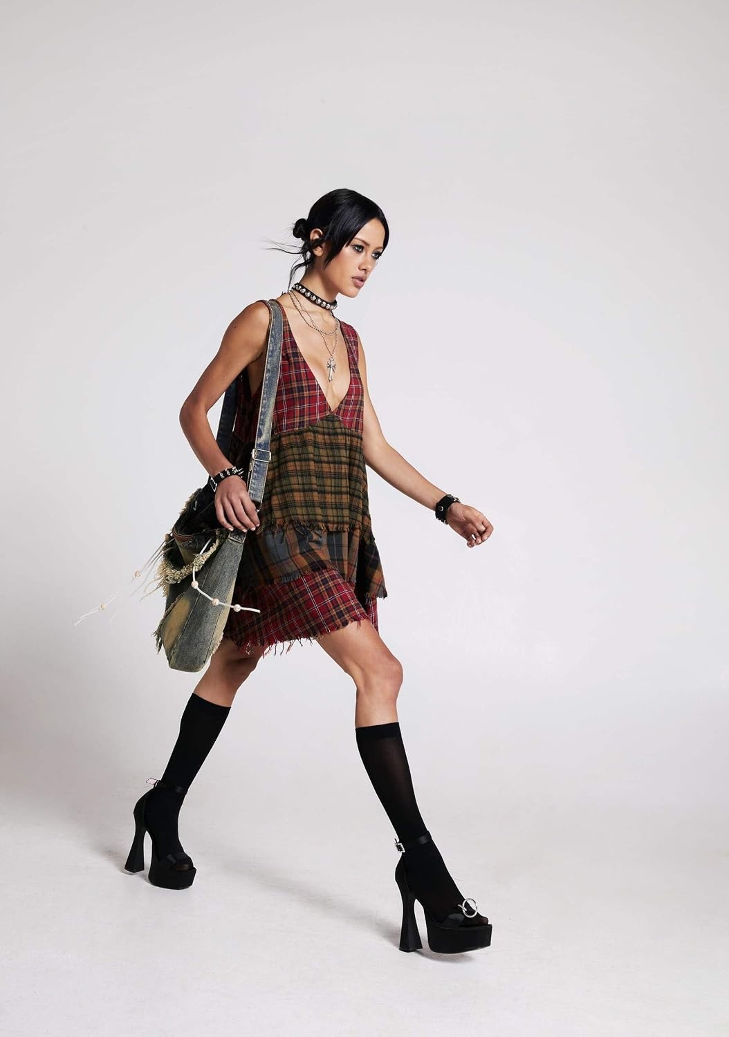 image:imageDolls Kill Get Over It Babydoll Dress by Current Mood Mixed Flannel Babydoll Dress for Grunge FashionMulticolor