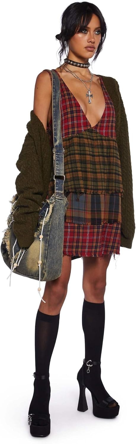 image:imageDolls Kill Get Over It Babydoll Dress by Current Mood Mixed Flannel Babydoll Dress for Grunge FashionMulticolor